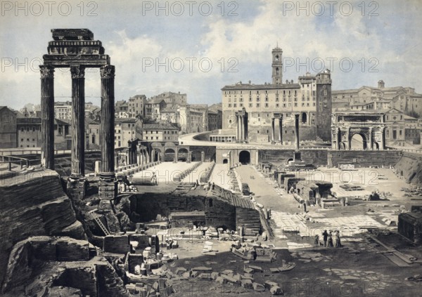 The forum in Rome. Italy, authentic reproduction of a school mural, historic, around 1900, historical ruins with ancient columns in an urban excavation site