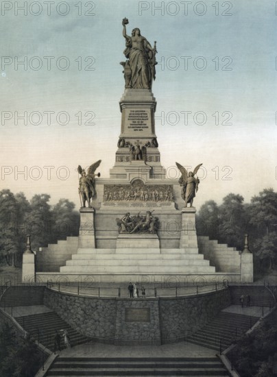 Niederwald monument from 1871, on the edge of the Niederwald Landscape Park above the city of RÃ¼desheim am Rhein, Germany, authentic reproduction of a school mural, historic, around 1900, imposing monument with impressive statue flanked by guardian figures