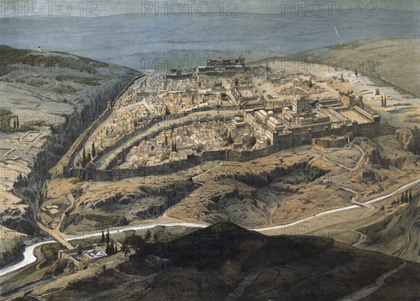 Panorama of Jerusalem, today Israel, authentic reproduction of a school mural, historical, around 1900, aerial view of an ancient city nestled in a rocky, dry landscape