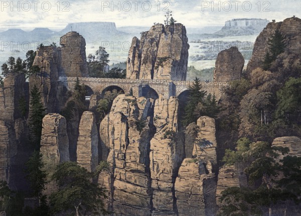 Elbe Sandstone Mountains, Bastei Bridge near Rathen, Saxony, Germany, authentic reproduction of a school mural, historic, around 1900, Majestic rock formations and bridge in a wild, wooded environment
