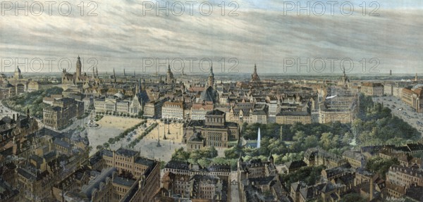 Panorama of Leipzig, Saxony, Germany, authentic reproduction of a school mural, historic, around 1900, panoramic view of a historic city with ancient architecture, large squares and green trees under cloudy sky