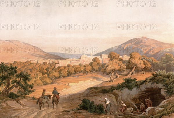 Shechem, Shechem, was an important ancient city of Samaria, whose ruins lie today under the modern city of Nablus in the West Bank, known from biblical stories with Abraham, Jacob and the well of Jacob, authentic reproduction of a school mural, historic, around 1900