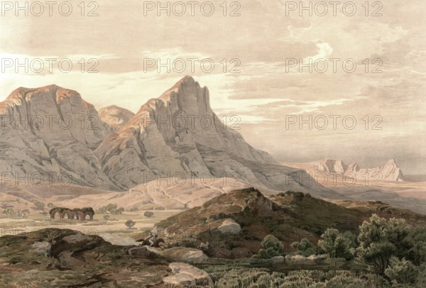 Mountain of temptation in the West Bank. Mountain in the Jordan Valley near Jericho, where Jesus is said to have been tempted by Satan, authentic reproduction of a school mural, historic, around 1900