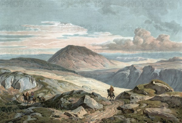 Mount Tabor, 588 m high mountain on the eastern edge of the JezreÊ¿el plain in Galilee in northern Israel, authentic reproduction of a school mural, historic, around 1900