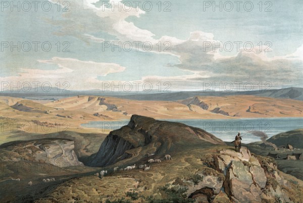 Mountain of Beatitudes, Mountain of Beatitudes, is an elevation on the northern edge of the Sea of Galilee in northern Israel, authentic reproduction of a school mural, historic, around 1900