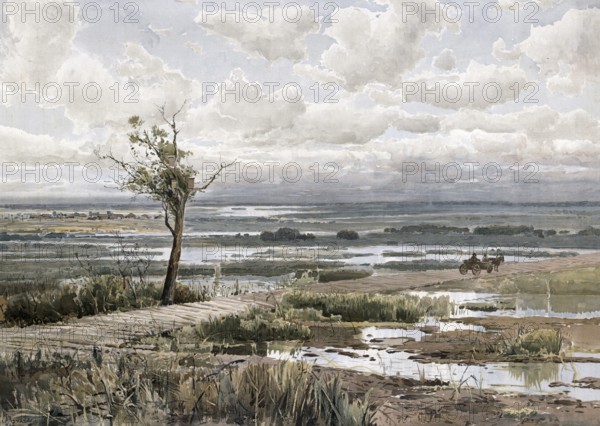 Landscape in Polesia, also Polessia or Podlesia, a historical landscape in Poland, Belarus, Ukraine and Russia, authentic reproduction of a school mural, historical, around 1900