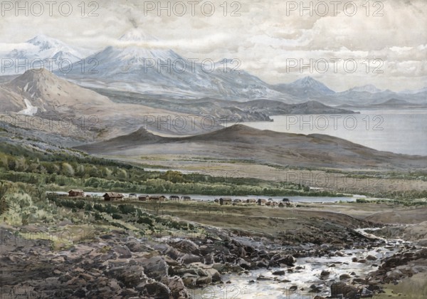 Active volcanoes in Kamchatka, peninsula in northeast Asia, Kamchatka region in the Far East Federal District of the Russian Federation, Russia, authentic reproduction of a school mural, historical, around 1900