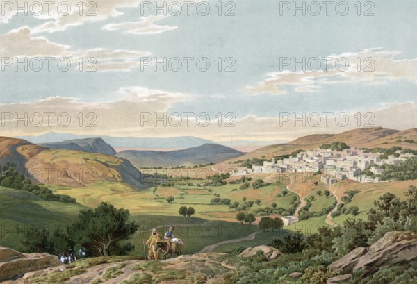 Nazareth, a city in the northern district of Israel in Galilee, Israel, authentic reproduction of a school mural, historic, around 1900