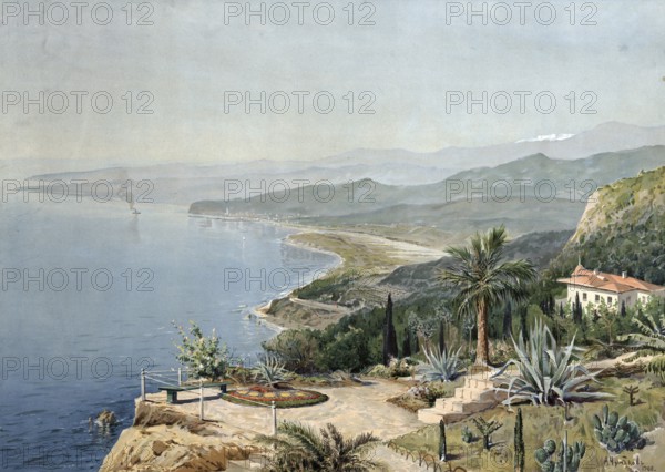 Shores of the Black Sea, coast in Ukraine, authentic reproduction of a school mural, historical, around 1900