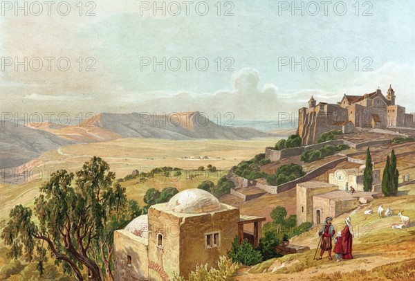 The Shepherd's Field and the Church of the Nativity, church in Bethlehem built over the presumed birthplace of Jesus Christ, authentic reproduction of a school mural, historic, around 1900