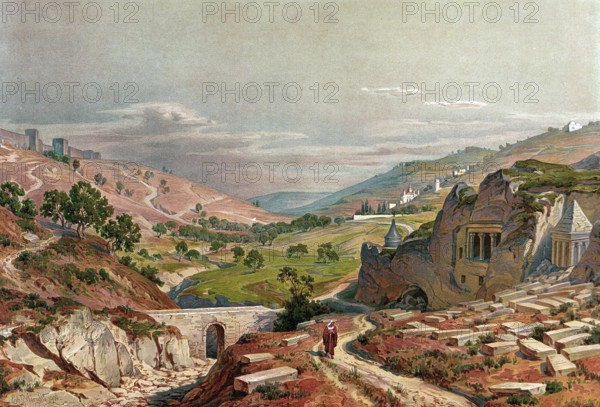 Josaphat Tal, today Kidron Valley, Wadi al-Jawz or Wadi el-Joz, a valley that separates the Temple Mount and the Old City of Jerusalem in the west and the Mount of Olives in the east and Gethsemane, Gethsemane, a scene of the Passion story of Jesus on the western slope of the Mount of Olives, authentic reproduction of a school mural, historical, around 1900