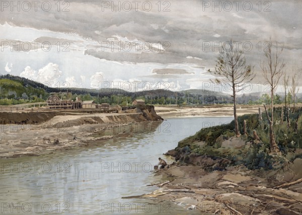 Landscape on the Amur River, or Heilong Jiang, a 2824 kilometer long river in China and Russia flowing into the North Pacific, authentic reproduction of a school mural, historic, around 1900