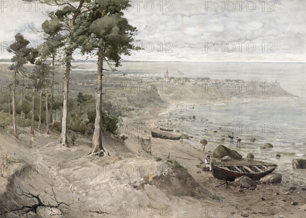 Baltic landscape in stand, beach landscape on the Baltic Sea, authentic reproduction of a school mural, historical, around 1900