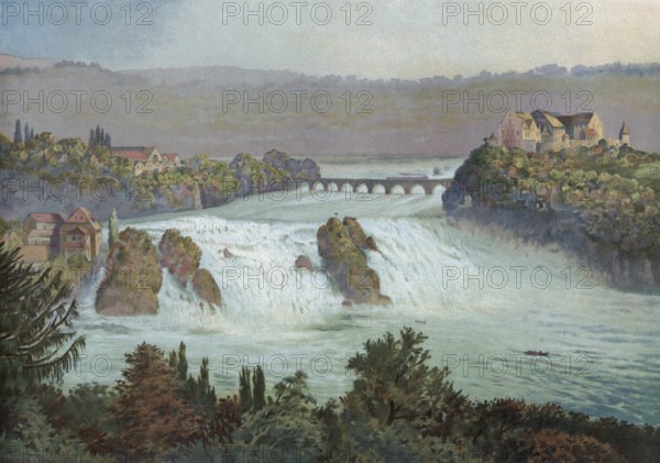 Rhine Falls in Schaffhausen, Rhine, Switzerland, authentic reproduction of a school mural, historic, around 1900, impressive waterfall flows through a lush green landscape with a bridge