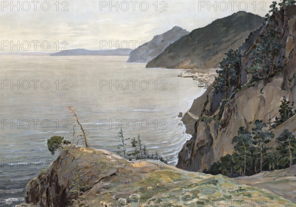 Landscape on Lake Baikal, Siberia, Russia, authentic reproduction of a school mural, historic, around 1900, picturesque cliff landscape with calm sea and wooded hills under cloudy sky