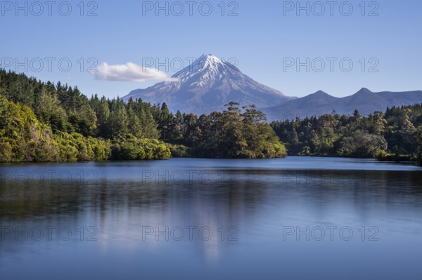 Lake Mangamahoe with views of Mount Taranaki. Egmont National Park, Taranaki Region, North Island, New Zealand