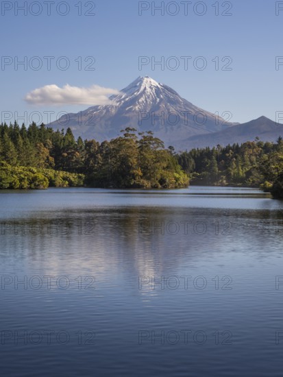 Lake Mangamahoe with views of Mount Taranaki. Egmont National Park, Taranaki Region, North Island, New Zealand