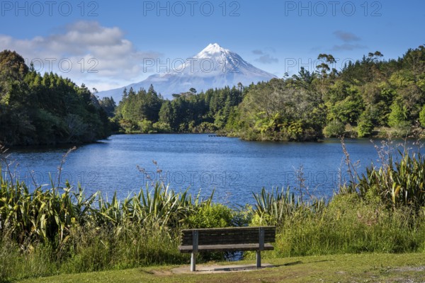 Park bench on Lake Mangamahoe with views of Mount Taranaki. Egmont National Park, Taranaki Region, North Island, New Zealand