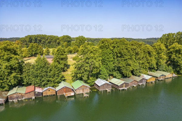 Aerial view, drone photo: wooden boathouses on stilts, Feldberg, Feldberger Seenlandschaft, Mecklenburg Lake District, Mecklenburg-Western Pomerania, Germany