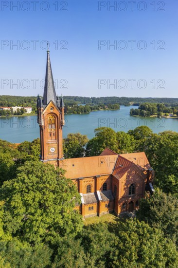 Aerial view, drone photo: City church and house lake in Feldberg, Feldberger Seenlandschaft, Mecklenburg Lake District, Mecklenburg-Western Pomerania, Germany
