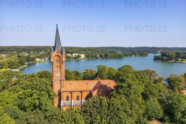 Aerial view, drone photo: City church and house lake in Feldberg, Feldberger Seenlandschaft, Mecklenburg Lake District, Mecklenburg-Western Pomerania, Germany
