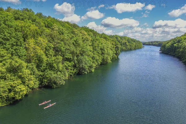 Aerial view, drone photo: two paddlers kayaking on Lake Schmaler Luzin, Hullerbusch Nature Reserve, Carwitz and Feldberg, Feldberg Lake District, Mecklenburg Lake District in Mecklenburg-Western Pomerania, Germany