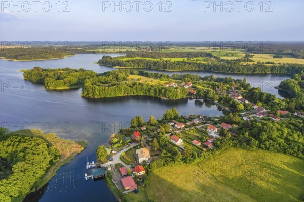 Aerial view, drone photo: Carwitz village on Lake Carwitz, Feldberg Lake District, Mecklenburg Lake District in Mecklenburg-Western Pomerania, Germany
