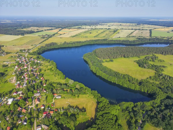 Aerial view, drone photo: village of Carwitz am See Schmaler Luzin, Hullerbusch Nature Reserve, Carwitz and Feldberg, Feldberg Lake District, Mecklenburg Lake District in Mecklenburg-Western Pomerania, Germany