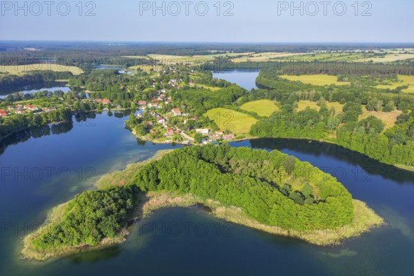Aerial view, drone photo: Carwitz village and GÃ¤nsewerder island on Lake Carwitz behind the lake Schmaler Luzin, Feldberger Seenlandschaft, Mecklenburg Lake District, Mecklenburg-Western Pomerania, Germany