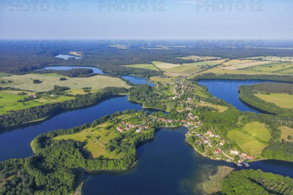 Aerial view, drone photo: Carwitz village between Lake Carwitz, Dreetzsee and Schmaler Luzin Feldberger Lake District, Mecklenburg-Western Pomerania and Brandenburg, Germany