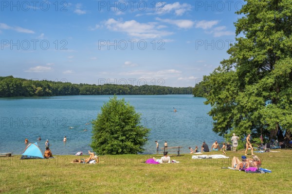 Bathers and bathers at the bathing area in Lake Schmaler Luzin, Carwitz, Feldberger Seenlandschaft, Mecklenburg Lake District, Mecklenburg-Western Pomerania, Germany
