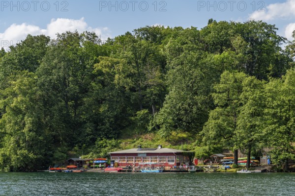 Ferry station, canoe rental and cafÃ© on Lake Schmaler Luzin, Hullerbusch Nature Reserve, Feldberg Lake District, Mecklenburg Lake District in Mecklenburg-Western Pomerania, Germany