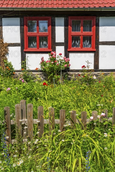 Farmhouse with blooming garden, Carwitz, Feldberg Lake District, Mecklenburg Lake District in Mecklenburg-Western Pomerania, Germany