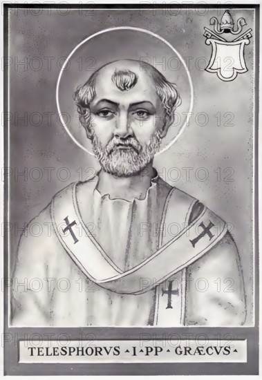 Telesphorus (born in Greece, died in Rome in 136 or 137) was Bishop of Rome (ca. 125/126-136/137) during the reign of Emperor Hadrian, Historical, authentic, digitally restored reproduction from a 19th century original, Record date not stated
