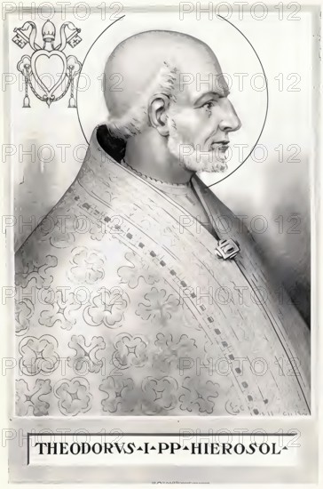 Theodore I (born in the 6th or 7th century in Jerusalem, died 14 May 649 in Rome) was pope from 24 November 642 until his death, Historical, authentic, digitally restored reproduction from a 19th century original, Record date not stated