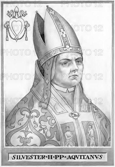 Silvester II (previously Gerbert of Aurillac, also Gerbert of Rheims, born around 950 in Aquitaine, died 12 May 1003 in Rome) was a mathematician, Abbot of Bobbio, Archbishop of Rheims and Ravenna and finally Pope from 2 April 999 until his death in 1003, Historical, authentic, digitally restored reproduction from a 19th century original, Record date not stated