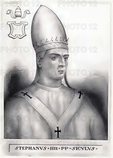 Stephen IV (V) (died 24 January 817 in Rome) succeeded Leo III as Pope from 22 June 816 to 24 January 817, Historical, authentic, digitally restored reproduction from a 19th century original, Record date not stated