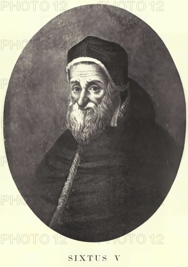 Sixtus V (born 13 December 1521 as Felice Peretti di Montalto in Grottammare, Marche, died 27 August 1590 in Rome) was Pope of the Roman Catholic Church from 1585 until his death. A strict moralist, he punished moral offences with the gallows, Historical, authentic, digitally restored reproduction from a 19th century original, Record date not stated