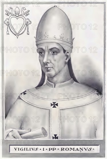 Vigilius (born around 500, died 7 June 555) was Roman bishop (pope) from 537 until his death, Historical, authentic, digitally restored reproduction from a 19th century original, Record date not stated