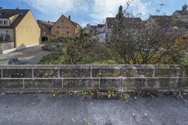 Historic city wall built in the 14th century, old town houses behind, Lauf an der Pegnitz, Middle Franconia, Bavaria, Germany