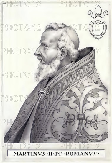 Marinus I (sometimes erroneously also called Martin II, born in Gallese, died 15 May 884 in Rome) was pope from 882 until his death, Historical, authentic, digitally restored reproduction from a 19th century original, Record date not stated