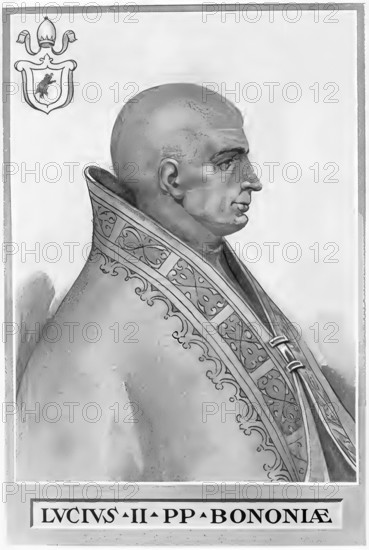 Lucius II, originally Gerardus Caccianemici de l'Orso (died 15 February 1145), was pope from 9 March (enthronement on 12 March) 1144, Historical, authentic, digitally restored reproduction from a 19th century original, Record date not stated