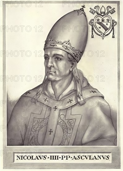 Nicholas IV (Latin: Nicolaus IV), originally Girolamo Masci d'Ascoli (born 30 September 1227 in Lisciano (a district of Ascoli Piceno), died 4 April 1292 in Rome) was pope from 22 February 1288 until his death and thus also head of the Papal States. He was the first Franciscan to be elected pope, Historical, authentic, digitally restored reproduction from a 19th century original, Record date not stated