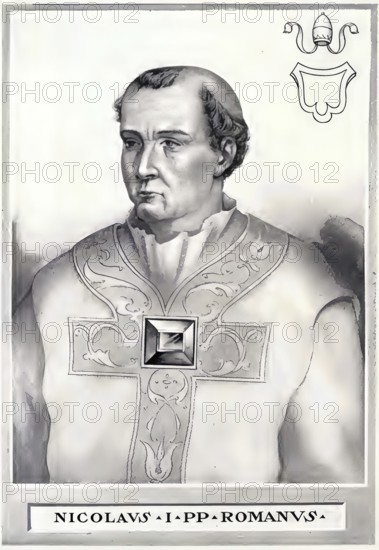 Nicholas I, sometimes also called Nicholas the Great (born 820 in Rome, died 13 November 867 in Rome), was Pope from 24 April 858 until his death in 867, Historical, authentic, digitally restored reproduction from a 19th century original, Record date not stated