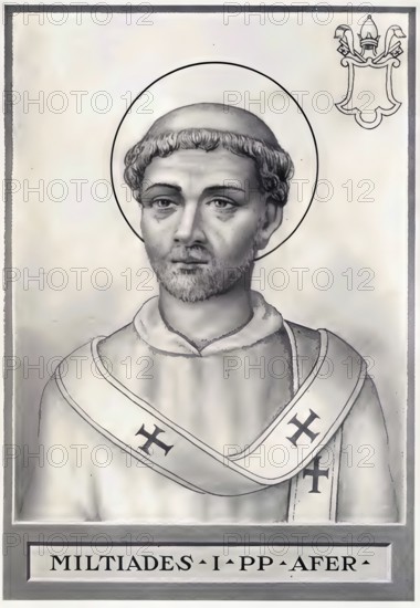 Miltiades or Melchiades (Hebrew-Latin: the royal, also Meltiades, Melciades, Milciades, Milziade or Miltides, d. 10 or 11 January 314) was Bishop of Rome from 2 July 311 to 10 January 314 and thus Pope from a Catholic perspective, Historical, authentic, digitally restored reproduction from a 19th century original, Record date not stated