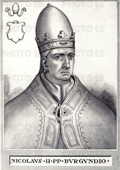 Nicholas II, originally Gerard of Burgundy (born between 990 and 995 presumably in Savoy, died 19, 20 or 27 July 1061 in Florence), was pope from 6 December 1058 until his death, Historical, authentic, digitally restored reproduction from a 19th century original, Record date not stated