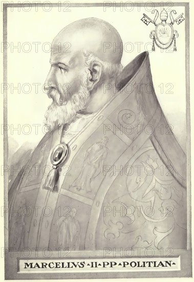 Marcellus II (born 6 May 1501 in Montefano (Marche), died 1 May 1555 in Rome), birth name Marcello Cervini degli Spannocchi, was Pope of the Catholic Church from 9 April to 1 May 1555, Historical, authentic, digitally restored reproduction from a 19th century original, Record date not stated