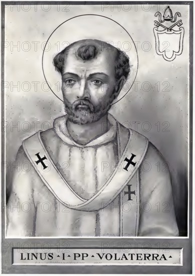 Linus (born in Etruria, died in 79, probably in Rome) was probably bishop of Rome from 67 to 79. In early Christian lists, Linus is named as the first bishop of Rome, but it was not until the late 2nd or early 3rd century that the view prevailed that Peter was the first bishop and Linus the second. Linus is honoured as a martyr and saint in the Roman Catholic Church, Historical, authentic, digitally restored reproduction from a 19th century original, Record date not stated