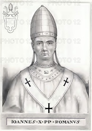 John X (born 860 in Tossignano near Imola, died 929 in Rome) was pope from 914 to 928, Historical, authentic, digitally restored reproduction from a 19th century original, Record date not stated