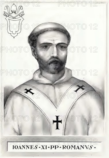 John XI (died 935 in Rome) was Roman pope from 931 to 935. He reigned at the time of the so-called Pornocracy, Historical, authentic, digitally restored reproduction from a 19th century original, Record date not stated